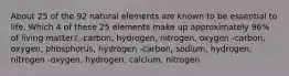 About 25 of the 92 natural elements are known to be essential to life. Which 4 of these 25 elements make up approximately 96% of living matter? -carbon, hydrogen, nitrogen, oxygen -carbon, oxygen, phosphorus, hydrogen -carbon, sodium, hydrogen, nitrogen -oxygen, hydrogen, calcium, nitrogen