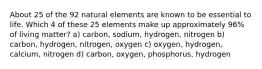 About 25 of the 92 natural elements are known to be essential to life. Which 4 of these 25 elements make up approximately 96% of living matter? a) carbon, sodium, hydrogen, nitrogen b) carbon, hydrogen, nitrogen, oxygen c) oxygen, hydrogen, calcium, nitrogen d) carbon, oxygen, phosphorus, hydrogen