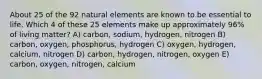 About 25 of the 92 natural elements are known to be essential to life. Which 4 of these 25 elements make up approximately 96% of living matter? A) carbon, sodium, hydrogen, nitrogen B) carbon, oxygen, phosphorus, hydrogen C) oxygen, hydrogen, calcium, nitrogen D) carbon, hydrogen, nitrogen, oxygen E) carbon, oxygen, nitrogen, calcium