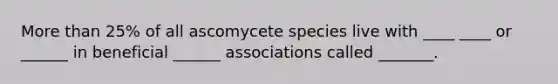 More than 25% of all ascomycete species live with ____ ____ or ______ in beneficial ______ associations called _______.