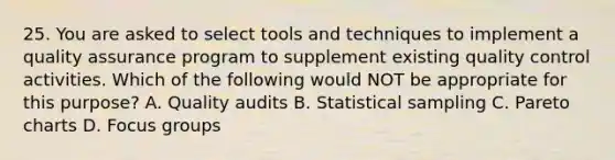 25. You are asked to select tools and techniques to implement a quality assurance program to supplement existing quality control activities. Which of the following would NOT be appropriate for this purpose? A. Quality audits B. Statistical sampling C. Pareto charts D. Focus groups