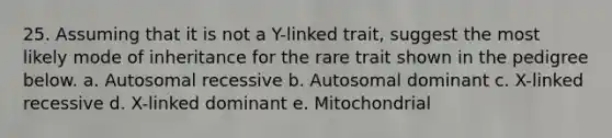 25. Assuming that it is not a Y-linked trait, suggest the most likely mode of inheritance for the rare trait shown in the pedigree below. a. Autosomal recessive b. Autosomal dominant c. X-linked recessive d. X-linked dominant e. Mitochondrial