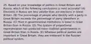 25. Based on your knowledge of politics in Great Britain and Russia, which of the following conclusions is most accurate? (A) Elections in Russia are less volatile than are elections in Great Britain. (B) The percentage of people who identify with a party in Great Britain exceeds the percentage of party identifiers in Russia. (C) Trust in governmental institutions is lower in Great Britain than in Russia. (D) The system of proportional representation has produced more coalition governments in Great Britain than in Russia. (E) Whereas political parties are important in Great Britain, they are irrelevant in the Russian political system.