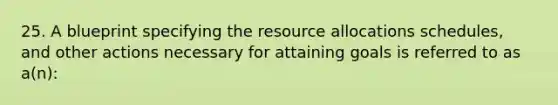 25. A blueprint specifying the resource allocations schedules, and other actions necessary for attaining goals is referred to as a(n):