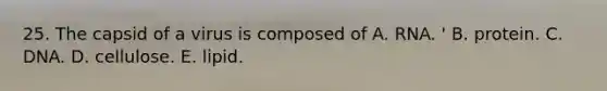 25. The capsid of a virus is composed of A. RNA. ' B. protein. C. DNA. D. cellulose. E. lipid.