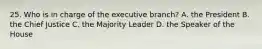 25. Who is in charge of the executive branch? A. the President B. the Chief Justice C. the Majority Leader D. the Speaker of the House