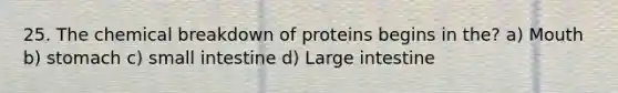 25. The chemical breakdown of proteins begins in the? a) Mouth b) stomach c) small intestine d) Large intestine