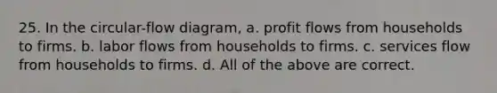 25. In the circular-flow diagram, a. profit flows from households to firms. b. labor flows from households to firms. c. services flow from households to firms. d. All of the above are correct.