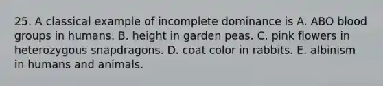 25. A classical example of incomplete dominance is A. ABO <a href='https://www.questionai.com/knowledge/kYZPOX2Y3u-blood-groups' class='anchor-knowledge'>blood groups</a> in humans. B. height in garden peas. C. pink flowers in heterozygous snapdragons. D. coat color in rabbits. E. albinism in humans and animals.