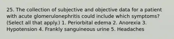 25. The collection of subjective and objective data for a patient with acute glomerulonephritis could include which symptoms? (Select all that apply.) 1. Periorbital edema 2. Anorexia 3. Hypotension 4. Frankly sanguineous urine 5. Headaches