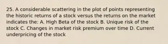 25. A considerable scattering in the plot of points representing the historic returns of a stock versus the returns on the market indicates the: A. High Beta of the stock B. Unique risk of the stock C. Changes in market risk premium over time D. Current underpricing of the stock