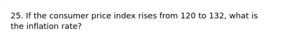 25. If the consumer price index rises from 120 to 132, what is the inflation rate?