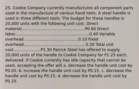 25. Cookie Company currently manufactures all component parts used in the manufacture of various hand tools. A steel handle is used in three different tools. The budget for these handles is 20,000 units with the following unit cost. Direct material...................................................P0.60 Direct labor............................................................0.40 Variable overhead ...........................................0.10 Fixed overhead..................................................0.20 Total unit cost......................P1.30 Patrick Steel has offered to supply 20,000 units of the handle to Cookie Company for P1.25 each, delivered. If Cookie currently has idle capacity that cannot be used, accepting the offer will a. decrease the handle unit cost by P0.05. b. increase the handle unit cost by P0.15. c. decrease the handle unit cost by P0.15. d. decrease the handle unit cost by P0.25.