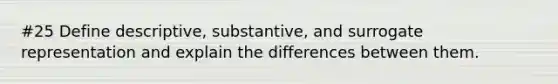 #25 Define descriptive, substantive, and surrogate representation and explain the differences between them.