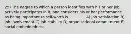 25) The degree to which a person identifies with his or her job, actively participates in it, and considers his or her performance as being important to self-worth is ________. A) job satisfaction B) job involvement C) job stability D) organizational commitment E) social embeddedness