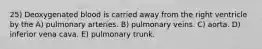 25) Deoxygenated blood is carried away from the right ventricle by the A) pulmonary arteries. B) pulmonary veins. C) aorta. D) inferior vena cava. E) pulmonary trunk.