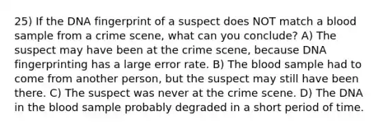 25) If the DNA fingerprint of a suspect does NOT match a blood sample from a crime scene, what can you conclude? A) The suspect may have been at the crime scene, because DNA fingerprinting has a large error rate. B) The blood sample had to come from another person, but the suspect may still have been there. C) The suspect was never at the crime scene. D) The DNA in the blood sample probably degraded in a short period of time.