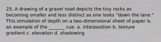 25. A drawing of a gravel road depicts the tiny rocks as becoming smaller and less distinct as one looks "down the lane." This simulation of depth on a two-dimensional sheet of paper is an example of the _______ cue. a. interposition b. texture gradient c. elevation d. shadowing