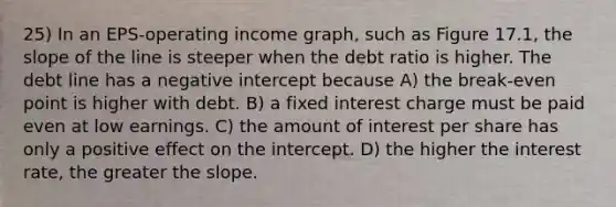 25) In an EPS-operating income graph, such as Figure 17.1, the slope of the line is steeper when the debt ratio is higher. The debt line has a negative intercept because A) the break-even point is higher with debt. B) a fixed interest charge must be paid even at low earnings. C) the amount of interest per share has only a positive effect on the intercept. D) the higher the interest rate, the greater the slope.