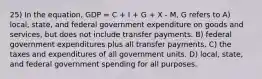 25) In the equation, GDP = C + I + G + X - M, G refers to A) local, state, and federal government expenditure on goods and services, but does not include transfer payments. B) federal government expenditures plus all transfer payments. C) the taxes and expenditures of all government units. D) local, state, and federal government spending for all purposes.