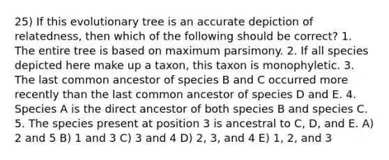 25) If this evolutionary tree is an accurate depiction of relatedness, then which of the following should be correct? 1. The entire tree is based on maximum parsimony. 2. If all species depicted here make up a taxon, this taxon is monophyletic. 3. The last common ancestor of species B and C occurred more recently than the last common ancestor of species D and E. 4. Species A is the direct ancestor of both species B and species C. 5. The species present at position 3 is ancestral to C, D, and E. A) 2 and 5 B) 1 and 3 C) 3 and 4 D) 2, 3, and 4 E) 1, 2, and 3