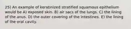 25) An example of keratinized stratified squamous epithelium would be A) exposed skin. B) air sacs of the lungs. C) the lining of the anus. D) the outer covering of the intestines. E) the lining of the oral cavity.