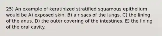 25) An example of keratinized stratified squamous epithelium would be A) exposed skin. B) air sacs of the lungs. C) the lining of the anus. D) the outer covering of the intestines. E) the lining of the oral cavity.