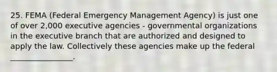 25. FEMA (Federal Emergency Management Agency) is just one of over 2,000 executive agencies - governmental organizations in the executive branch that are authorized and designed to apply the law. Collectively these agencies make up the federal ________________.