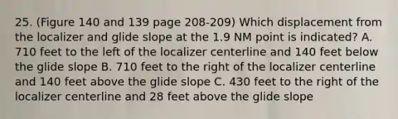 25. (Figure 140 and 139 page 208-209) Which displacement from the localizer and glide slope at the 1.9 NM point is indicated? A. 710 feet to the left of the localizer centerline and 140 feet below the glide slope B. 710 feet to the right of the localizer centerline and 140 feet above the glide slope C. 430 feet to the right of the localizer centerline and 28 feet above the glide slope