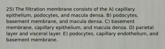 25) The filtration membrane consists of the A) capillary epithelium, podocytes, and macula densa. B) podocytes, basement membrane, and macula densa. C) basement membrane, capillary epithelium, and macula densa. D) parietal layer and visceral layer. E) podocytes, capillary endothelium, and basement membrane.