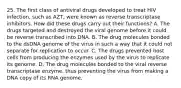 25. The first class of antiviral drugs developed to treat HIV infection, such as AZT, were known as reverse transcriptase inhibitors. How did these drugs carry out their functions? A. The drugs targeted and destroyed the viral genome before it could be reverse transcribed into DNA. B. The drug molecules bonded to the dsDNA genome of the virus in such a way that it could not separate for replication to occur. C. The drugs prevented host cells from producing the enzymes used by the virus to replicate its genome. D. The drug molecules bonded to the viral reverse transcriptase enzyme, thus preventing the virus from making a DNA copy of its RNA genome.