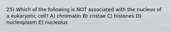 25) Which of the following is NOT associated with the nucleus of a eukaryotic cell? A) chromatin B) cristae C) histones D) nucleoplasm E) nucleolus