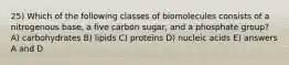 25) Which of the following classes of biomolecules consists of a nitrogenous base, a five carbon sugar, and a phosphate group? A) carbohydrates B) lipids C) proteins D) nucleic acids E) answers A and D