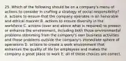 25. Which of the following should be on a company's menu of actions to consider in crafting a strategy of social responsibility? A. actions to ensure that the company operates in an honorable and ethical manner B. actions to ensure diversity in the workforce C. actions (over and above what is required) to protect or enhance the environment, including both those environmental problems stemming from the company's own business activities and those problems outside the company's immediate sphere of operations D. actions to create a work environment that enhances the quality of life for employees and makes the company a great place to work E. all of these choices are correct.