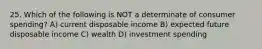 25. Which of the following is NOT a determinate of consumer spending? A) current disposable income B) expected future disposable income C) wealth D) investment spending