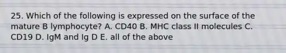 25. Which of the following is expressed on the surface of the mature B lymphocyte? A. CD40 B. MHC class II molecules C. CD19 D. IgM and Ig D E. all of the above