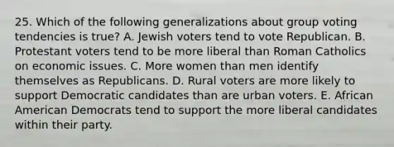 25. Which of the following generalizations about group voting tendencies is true? A. Jewish voters tend to vote Republican. B. Protestant voters tend to be more liberal than Roman Catholics on economic issues. C. More women than men identify themselves as Republicans. D. Rural voters are more likely to support Democratic candidates than are urban voters. E. African American Democrats tend to support the more liberal candidates within their party.