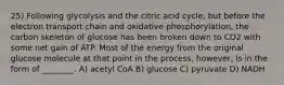 25) Following glycolysis and the citric acid cycle, but before the electron transport chain and oxidative phosphorylation, the carbon skeleton of glucose has been broken down to CO2 with some net gain of ATP. Most of the energy from the original glucose molecule at that point in the process, however, is in the form of ________. A) acetyl CoA B) glucose C) pyruvate D) NADH