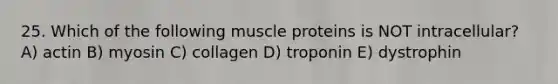 25. Which of the following muscle proteins is NOT intracellular? A) actin B) myosin C) collagen D) troponin E) dystrophin