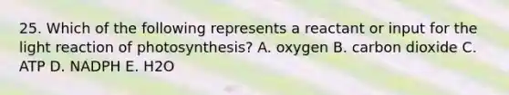 25. Which of the following represents a reactant or input for the light reaction of photosynthesis? A. oxygen B. carbon dioxide C. ATP D. NADPH E. H2O