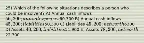 25) Which of the following situations describes a person who could be insolvent? A) Annual cash inflows 56,200; annual expenses60,300 B) Annual cash inflows 45,200; liabilities50,300 C) Liabilities 45,200; net worth6300 D) Assets 40,200; liabilities51,900 E) Assets 78,200; net worth22,300