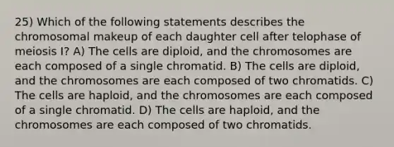 25) Which of the following statements describes the chromosomal makeup of each daughter cell after telophase of meiosis I? A) The cells are diploid, and the chromosomes are each composed of a single chromatid. B) The cells are diploid, and the chromosomes are each composed of two chromatids. C) The cells are haploid, and the chromosomes are each composed of a single chromatid. D) The cells are haploid, and the chromosomes are each composed of two chromatids.