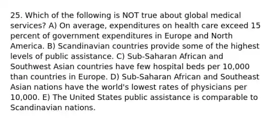 25. Which of the following is NOT true about global medical services? A) On average, expenditures on health care exceed 15 percent of government expenditures in Europe and North America. B) Scandinavian countries provide some of the highest levels of public assistance. C) Sub-Saharan African and Southwest Asian countries have few hospital beds per 10,000 than countries in Europe. D) Sub-Saharan African and Southeast Asian nations have the world's lowest rates of physicians per 10,000. E) The United States public assistance is comparable to Scandinavian nations.