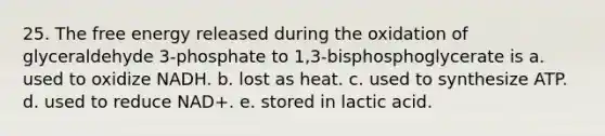 25. The free energy released during the oxidation of glyceraldehyde 3-phosphate to 1,3-bisphosphoglycerate is a. used to oxidize NADH. b. lost as heat. c. used to synthesize ATP. d. used to reduce NAD+. e. stored in lactic acid.