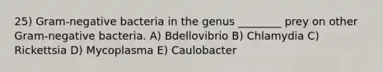 25) Gram-negative bacteria in the genus ________ prey on other Gram-negative bacteria. A) Bdellovibrio B) Chlamydia C) Rickettsia D) Mycoplasma E) Caulobacter