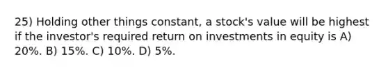 25) Holding other things constant, a stock's value will be highest if the investor's required return on investments in equity is A) 20%. B) 15%. C) 10%. D) 5%.