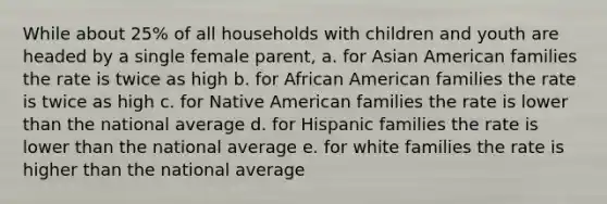 While about 25% of all households with children and youth are headed by a single female parent,​ a. ​for Asian American families the rate is twice as high b. ​for African American families the rate is twice as high c. ​for Native American families the rate is lower than the national average d. ​for Hispanic families the rate is lower than the national average e. ​for white families the rate is higher than the national average