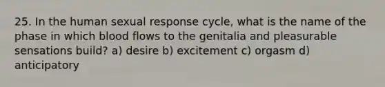 25. In the human sexual response cycle, what is the name of the phase in which blood flows to the genitalia and pleasurable sensations build? a) desire b) excitement c) orgasm d) anticipatory