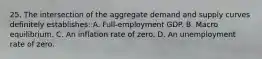 25. The intersection of the aggregate demand and supply curves definitely establishes: A. Full-employment GDP. B. Macro equilibrium. C. An inflation rate of zero. D. An unemployment rate of zero.