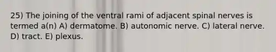 25) The joining of the ventral rami of adjacent spinal nerves is termed a(n) A) dermatome. B) autonomic nerve. C) lateral nerve. D) tract. E) plexus.